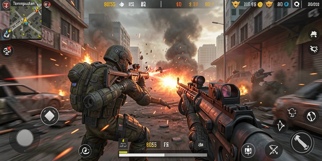 Tampilan gameplay seru dari 8055 dengan pertempuran FPS intens.