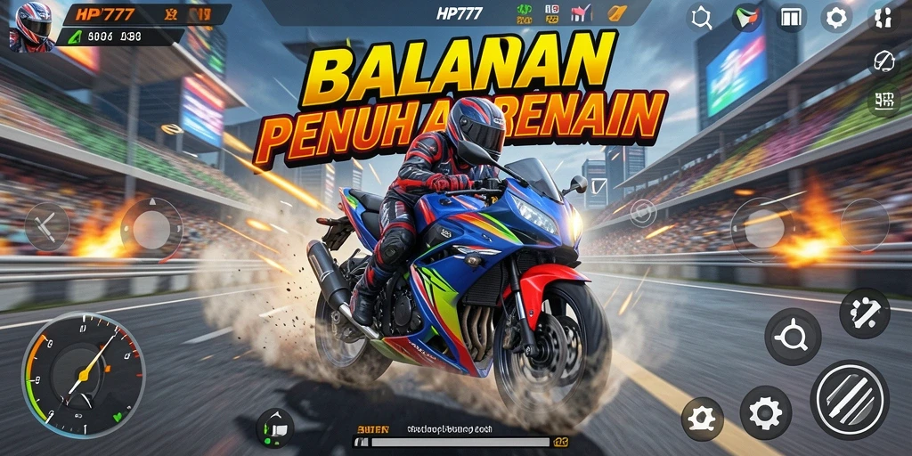 Tampilan gameplay HP777 yang menegangkan dan penuh aksi balapan motor.