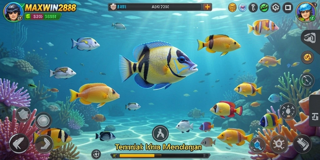 Gameplay seru di <strong>MAXWIN288</strong> dengan ikan berwarna-warni dan tantangan menembak.