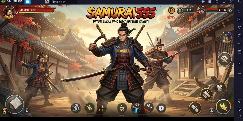 Screenshot gameplay SAMURAI555 dengan pertempuran karakter samurai.