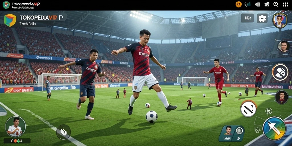 Screenshot gameplay TOKOPEDIAVIP menampilkan pertandingan sepak bola yang mendebarkan.